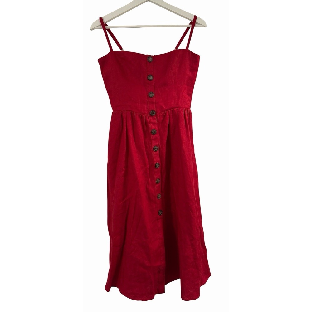 REFORMATION Tori Cherry Red 100% Linen Smocked Midi Dress Coastal Resort USA 6 - Picture 2 of 13